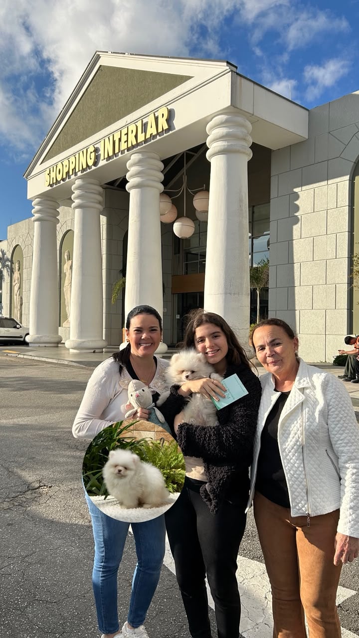 Três mulheres sorrindo com um filhote de Lulu da Pomerânia branco no colo
