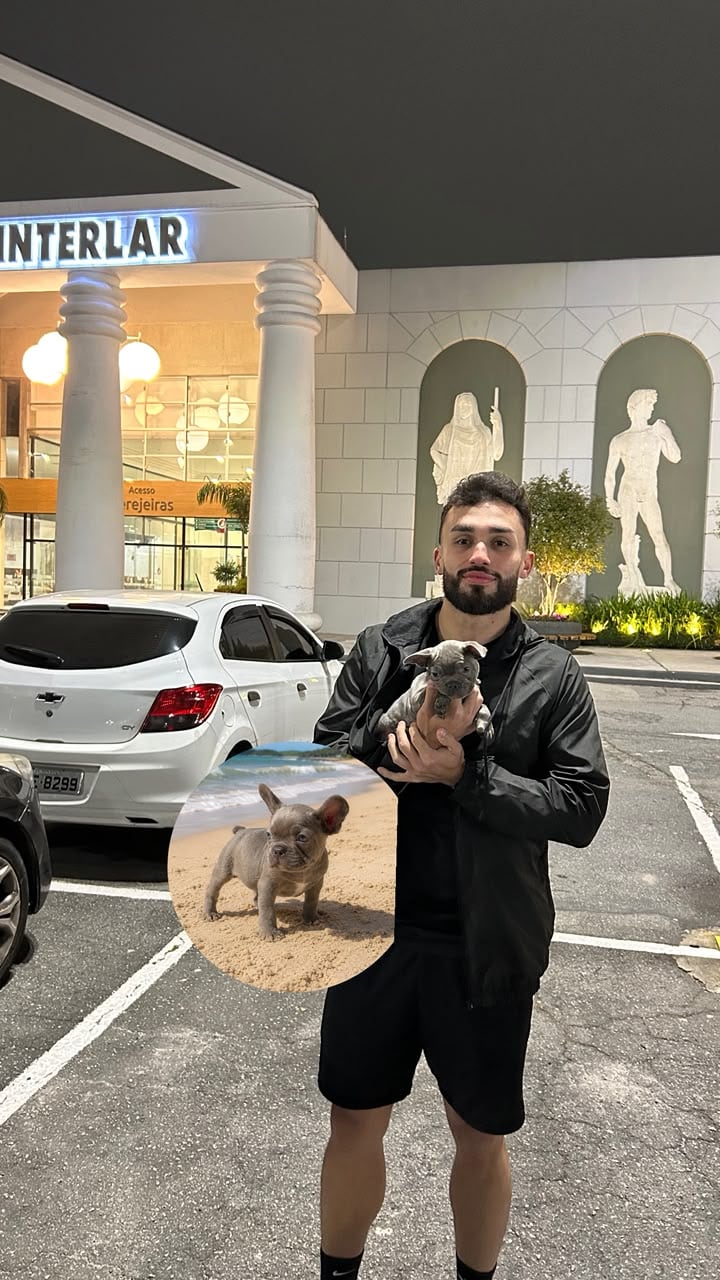 Tutor segurando um filhote de Bulldog Francês no dia da entrega